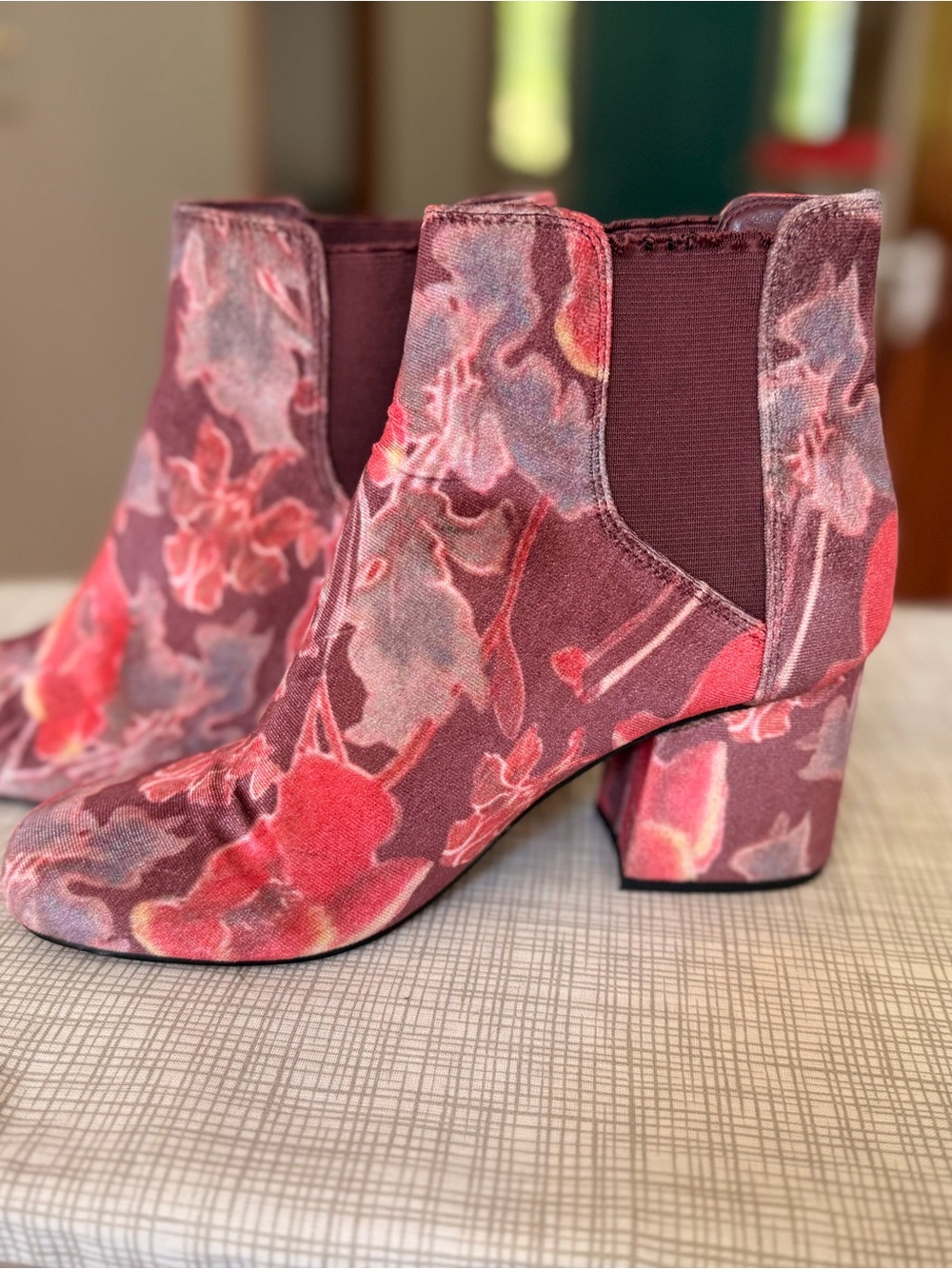 Indigo Floral Velvet Block Heel Ankle Boots - Rose Plum